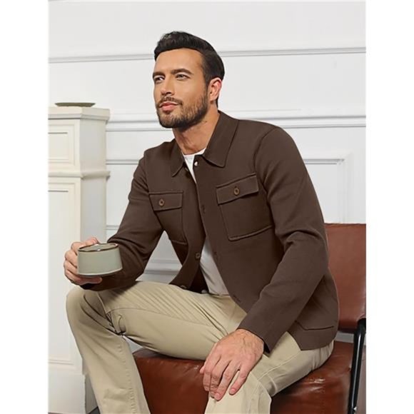 Men's Cardigan Sweater Casual Knit Button Down Long Sleeve Winter Sweater, Brown - Picture 2 of 5